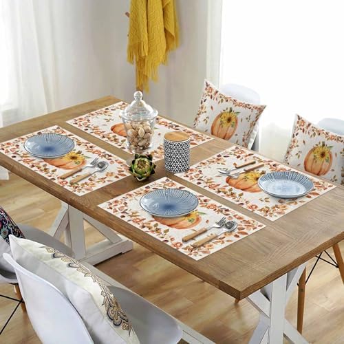 Boho Fall Placemat, Thanksgiving Watercolor Pumpkins Heat Resistant Washable Table Place Mats Sunflowers Eucalyptus Table Linens Party Holiday Decor for Home Kitchen Dining Outdoor Indoor,