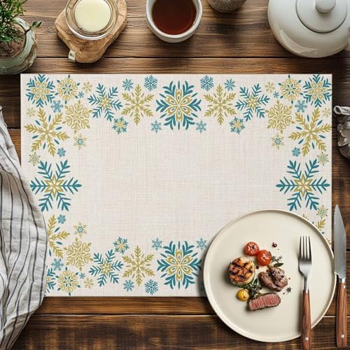 Gold Blue Snowflakes Christmas Placemats Set of 6, Winter Xmas Holiday Heat Resistant Washable Table Place Mats Beige Cotton Table Linens Party Holiday Decor for Kitchen Dining Outdoor Indoor