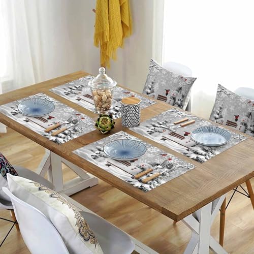 Winter Christmas Placemats Set of 6, Cute Snowman Cardinals Heat Resistant Washable Table Place Mats GreySnowy Pine Forest Cotton Table Linens Party Holiday Decor for Kitchen Dining Outdoor Indoor