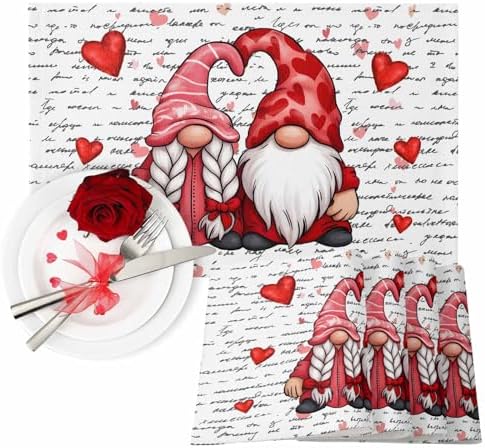Valentine's Day Placemats Set of 6, Gnome Couple Place Mats Washable Dining Table Mats Wedding Anniversary Party Romantic Valentines Decor for Kitchen&Linens Outdoor Indoor, Red Love Heart Letter