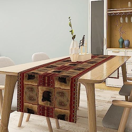 Rustic Bear Table Runner, Retro Vintage Bear Country Cabin Cottage Pine Tree Dinner Table Decoration for Home Kitchen Dining 13"x36"