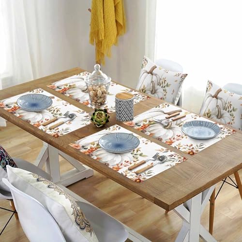 Fall Floral Leaves Placemat, Thanksgiving Pumpkins Heat Resistant Washable Table Place Mats Boho Cotton Table Linens Party Holiday Decorations for Home Kitchen Dining Table Outdoor Indoor,