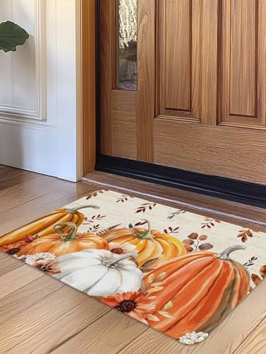 Fall Door Mat Harvest Pumpkin Doormat Orange Flower Eucalyptus Leaves Beige Harvest Thanksgiving Welcome Mat Non Slip Entryway Front Rug Floor Mat for Indoor Outdoor Kitchen Autumn Holiday Decor 24x36