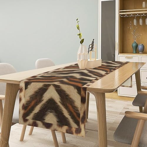 Tiger Animal Skin Print Table Runner, Rustic Cottage Country Farm Animal Fur Skin Pattern Western Style Black Brown Print Dinner Runner for Home Kitchen Dining Table Decoration 13"x90"