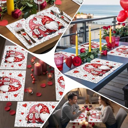 Valentine's Day Placemats Set of 6, Gnome Couple Place Mats Washable Dining Table Mats Wedding Anniversary Party Romantic Valentines Decor for Kitchen&Linens Outdoor Indoor, Red Love Heart Letter