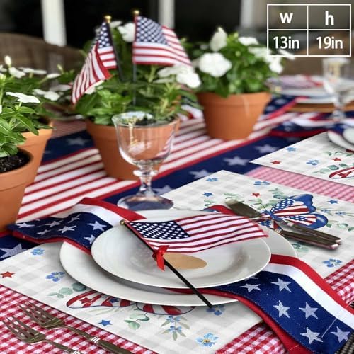 4th of July Placemats Set of 6, Patriotic Star Butterfly Heat Resistant Washable Dining Table Mats Summer Farmhouse Decor for Kitchen&Table Linens Outdoor Indoor, Eucalyptus Leaves Grey Buffalo Plaid