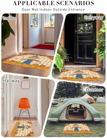 Fall Door Mat Scarecrows Crow Pumpkin Doormat Maple Leaf Orange Buffalo Plaid Harvest Thanksgiving Welcome Mat Non Slip Entryway Front Rug Floor Mat for Indoor Outdoor Kitchen Autumn Holiday 16x24