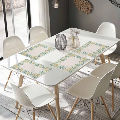 Gold Blue Snowflakes Christmas Placemats Set of 6, Winter Xmas Holiday Heat Resistant Washable Table Place Mats Beige Cotton Table Linens Party Holiday Decor for Kitchen Dining Outdoor Indoor