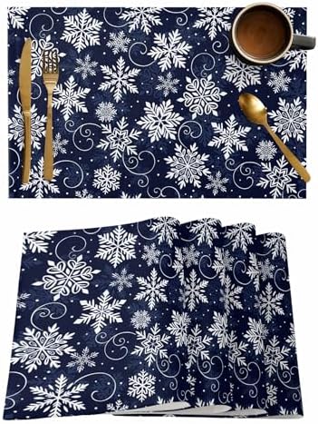 Christmas Placemats Set of 6, White Navy Snowflakes Pattern Heat Resistant Washable Table Place Mats Winter Cotton Table Linens Party Holiday Decor for Kitchen Dining Outdoor Indoor