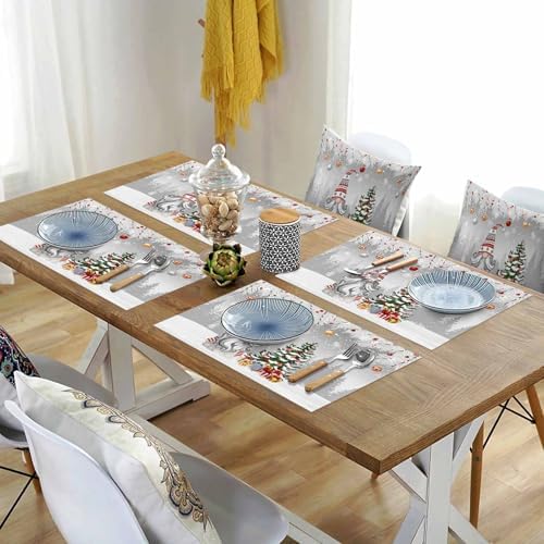 Christmas Gnome Placemats Set of 4, Winter Merry Christmas Tree Balls Heat Resistant Washable Table Place Mats Grey Cotton Table Linens Party Holiday Decor for Kitchen Dining Outdoor Indoor