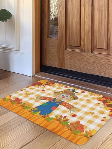 Fall Door Mat Scarecrows Crow Pumpkin Doormat Maple Leaf Orange Buffalo Plaid Harvest Thanksgiving Welcome Mat Non Slip Entryway Front Rug Floor Mat for Indoor Outdoor Kitchen Autumn Holiday 16x24