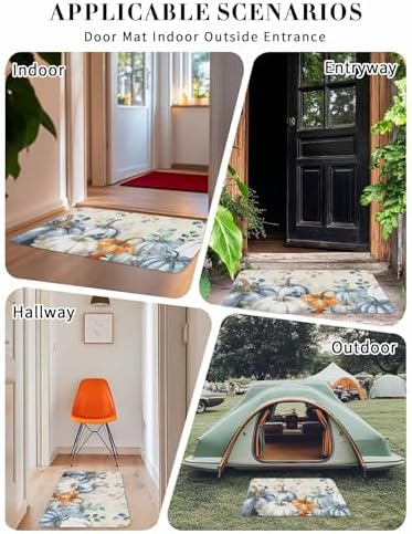 Fall Door Mat Blue Pumpkin Doormat Eucalyptus Leaves Branch Harvest Thanksgiving Welcome Mat Non Slip Rubber Entryway Front Rug Floor Mat for Indoor Outdoor Kitchen Autumn Holiday Home Decor 20x32