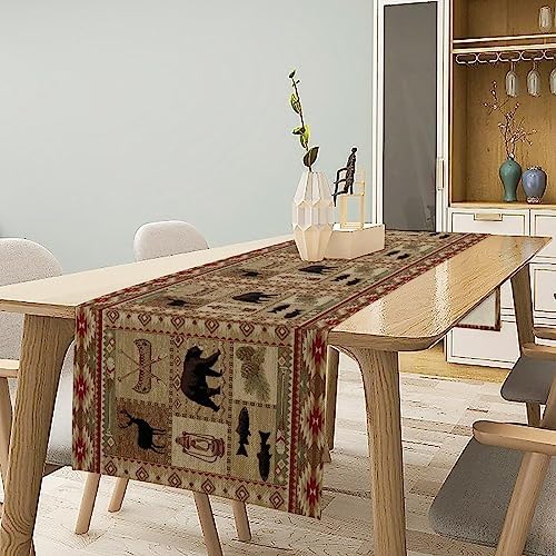 Vintage Rustic Cabin Bear Table Runner,Cottage Country Style Pine Tree Elk Wildlife Dinner Runner for Home Kitchen Dining Table Decoration 13"x90"