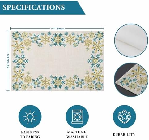 Gold Blue Snowflakes Christmas Placemats Set of 6, Winter Xmas Holiday Heat Resistant Washable Table Place Mats Beige Cotton Table Linens Party Holiday Decor for Kitchen Dining Outdoor Indoor