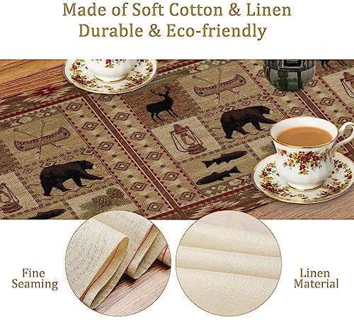 Vintage Rustic Cabin Bear Table Runner,Cottage Country Style Pine Tree Elk Wildlife Dinner Runner for Home Kitchen Dining Table Decoration 13"x108"