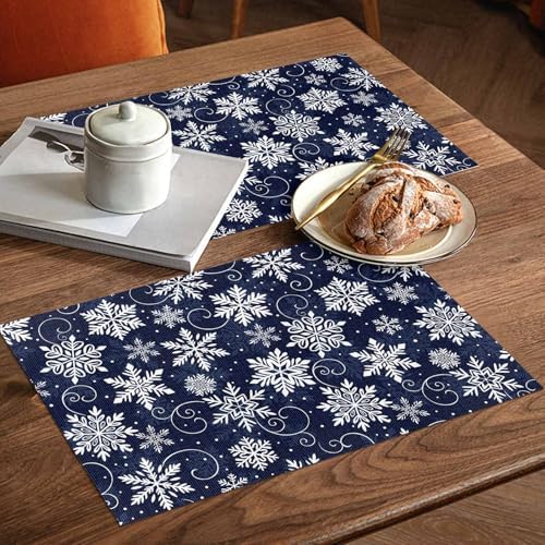 Christmas Placemats Set of 6, White Navy Snowflakes Pattern Heat Resistant Washable Table Place Mats Winter Cotton Table Linens Party Holiday Decor for Kitchen Dining Outdoor Indoor